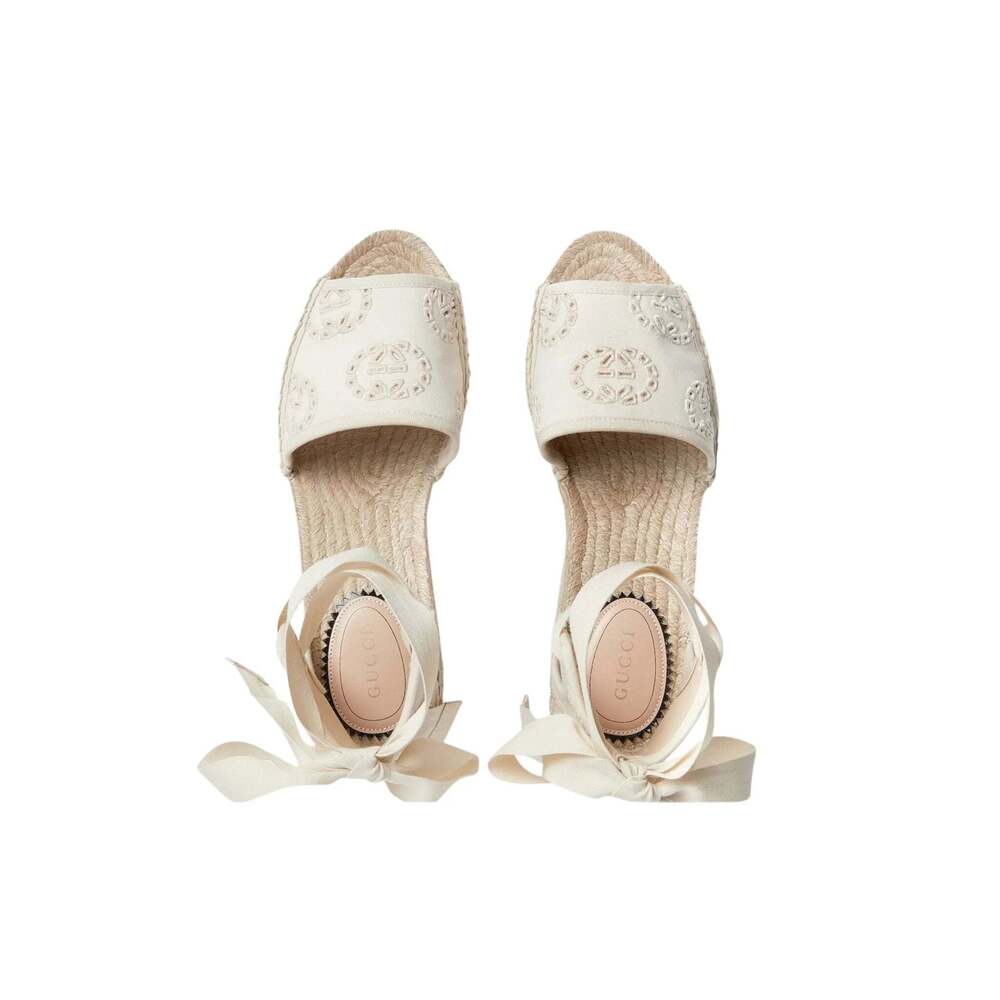 Gucci Interlocking G Platform Espadrilles Ivory Canvas Ribbon Tie IT 38 - Picture 5 of 6
